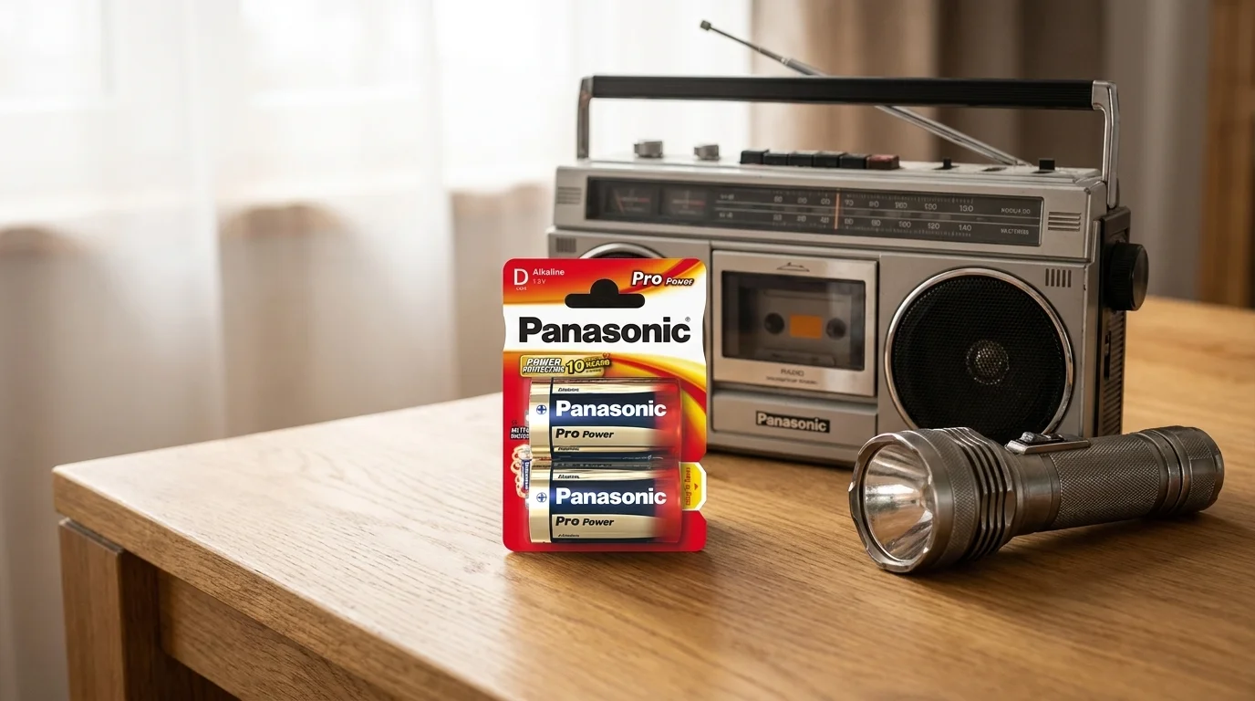 Balení dvou baterií Panasonic Pro Power typu D na dřevěném stole vedle radiomagnetofonu a svítilny.