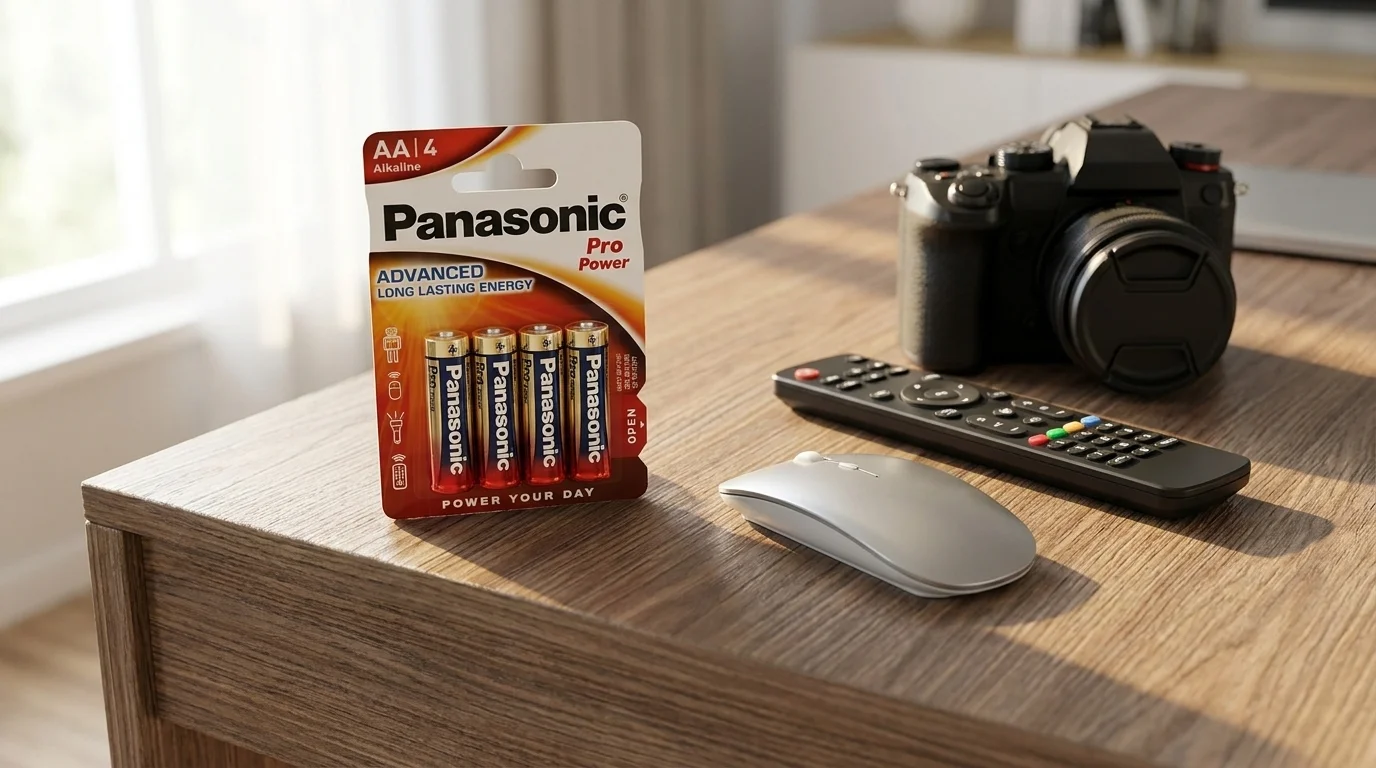 Balení čtyř alkalických baterií Panasonic Pro Power AA na dřevěném stole vedle počítačové myši, dálkového ovladače a fotoaparátu.