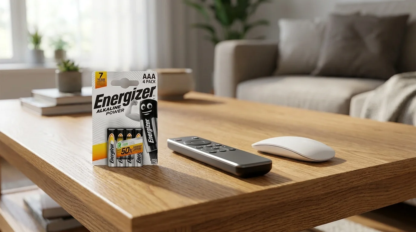 Balenie štyroch alkalických batérií Energizer AAA položené na drevenom stole vedľa diaľkového ovládača a bielej počítačovej myši.