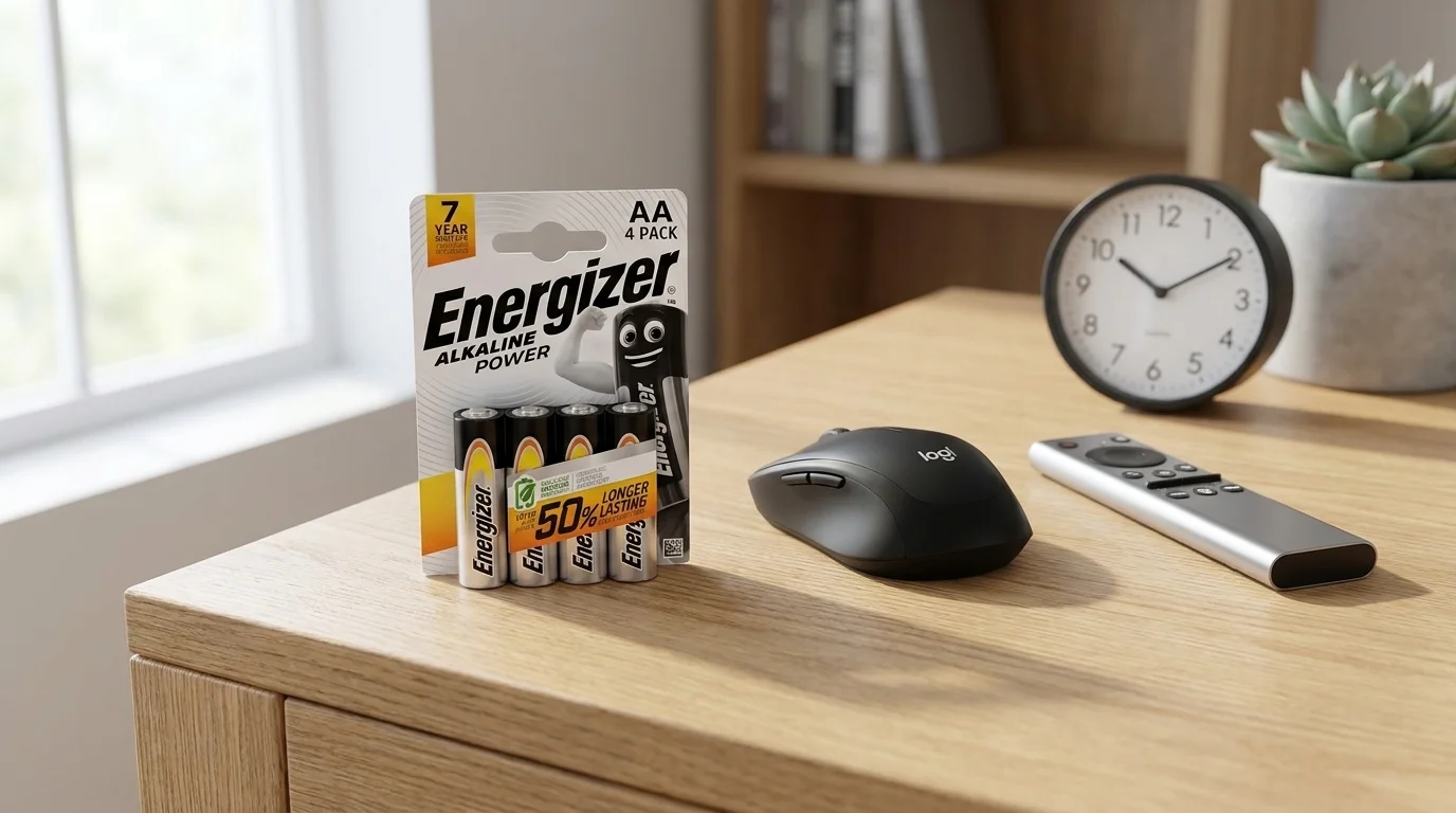 Balenie štyroch alkalických batérií Energizer AA na stole vedľa počítačovej myši a diaľkového ovládača.