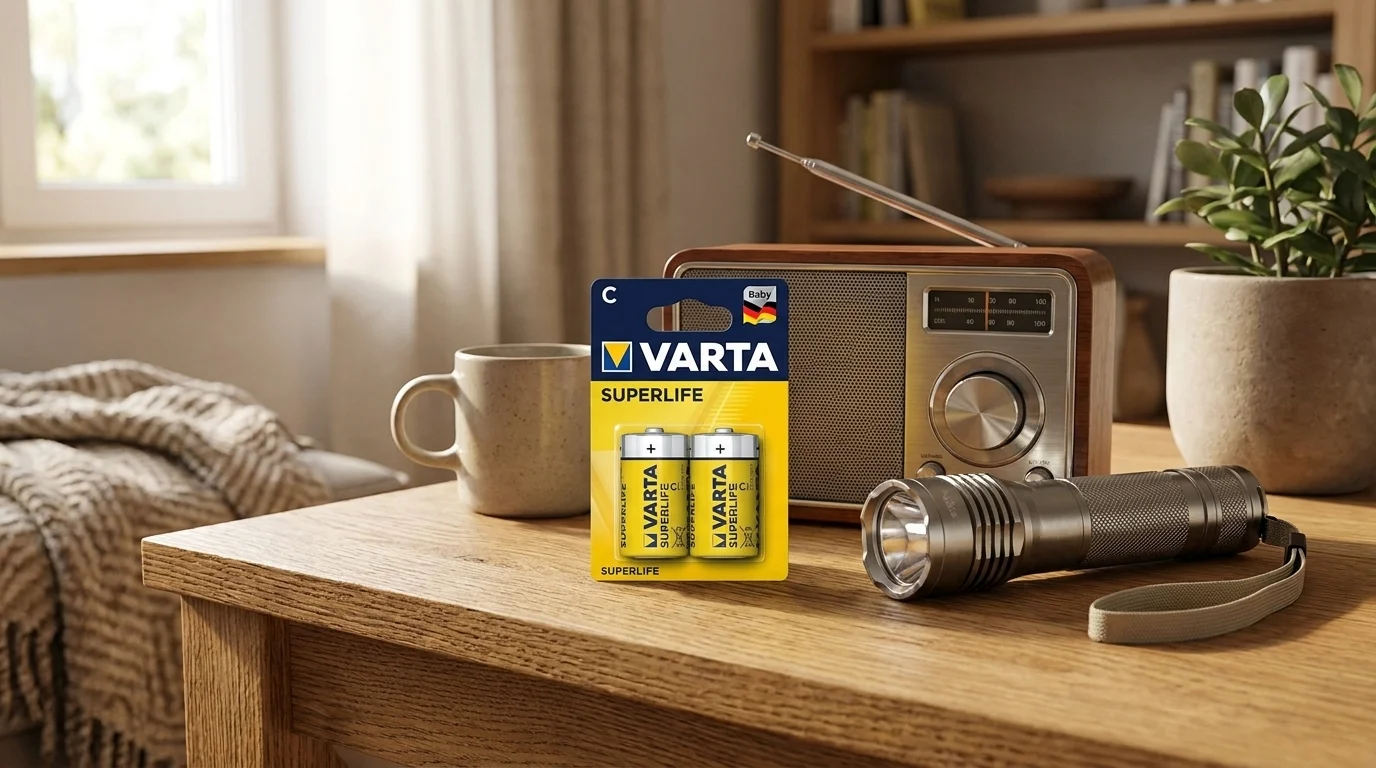 Balení dvou baterií VARTA Superlife C na dřevěném stole vedle retro rádia a svítilny.