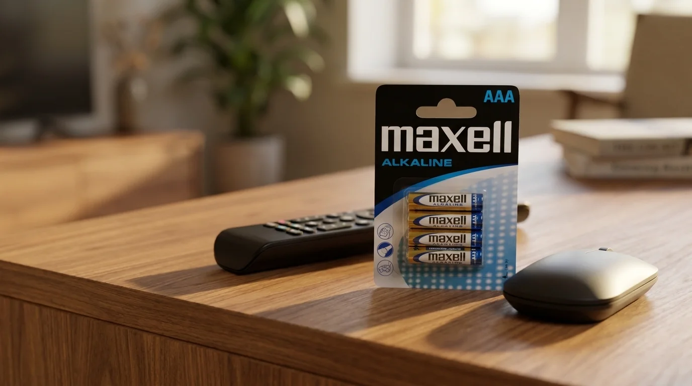 Balenie štyroch alkalických batérií Maxell AAA na drevenom stole vedľa diaľkového ovládača a počítačovej myši.