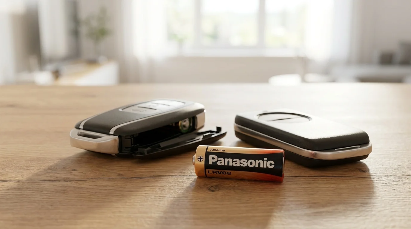 Alkalická baterie Panasonic LRV08 ležící na dřevěném stole vedle otevřeného autoklíče.