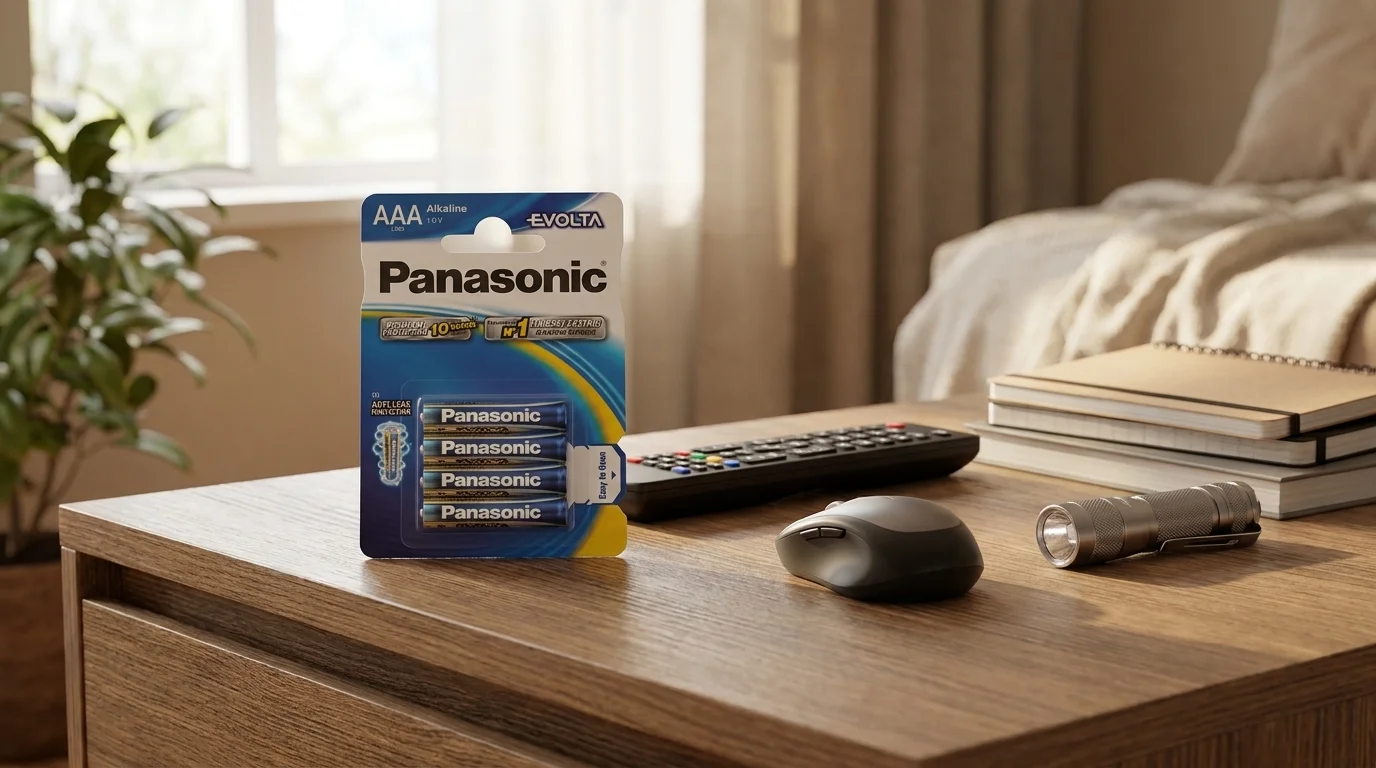 Balení čtyř baterií Panasonic Evolta AAA na dřevěném stole vedle dálkového ovladače, počítačové myši a malé svítilny.