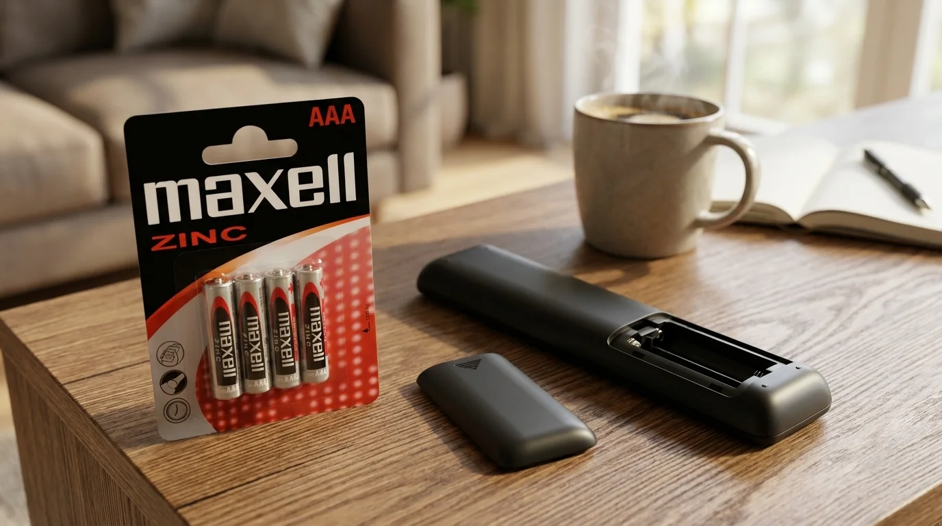 Balení čtyř mikrotužkových baterií Maxell AAA na dřevěném stole vedle otevřeného dálkového ovladače.