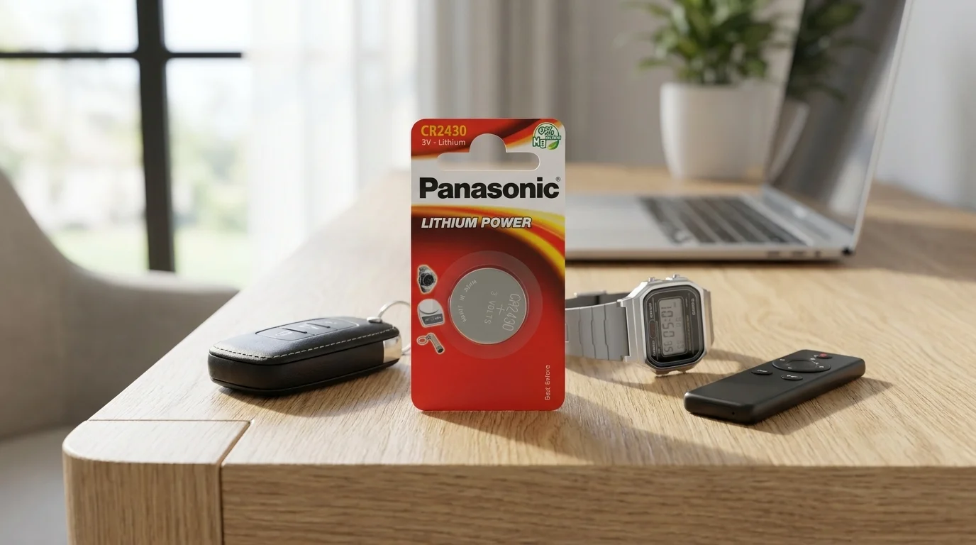 Blistrové balení lithiové mincové baterie Panasonic CR2430 na dřevěném stole vedle autoklíče, digitálních hodinek a dálkového ovladače.
