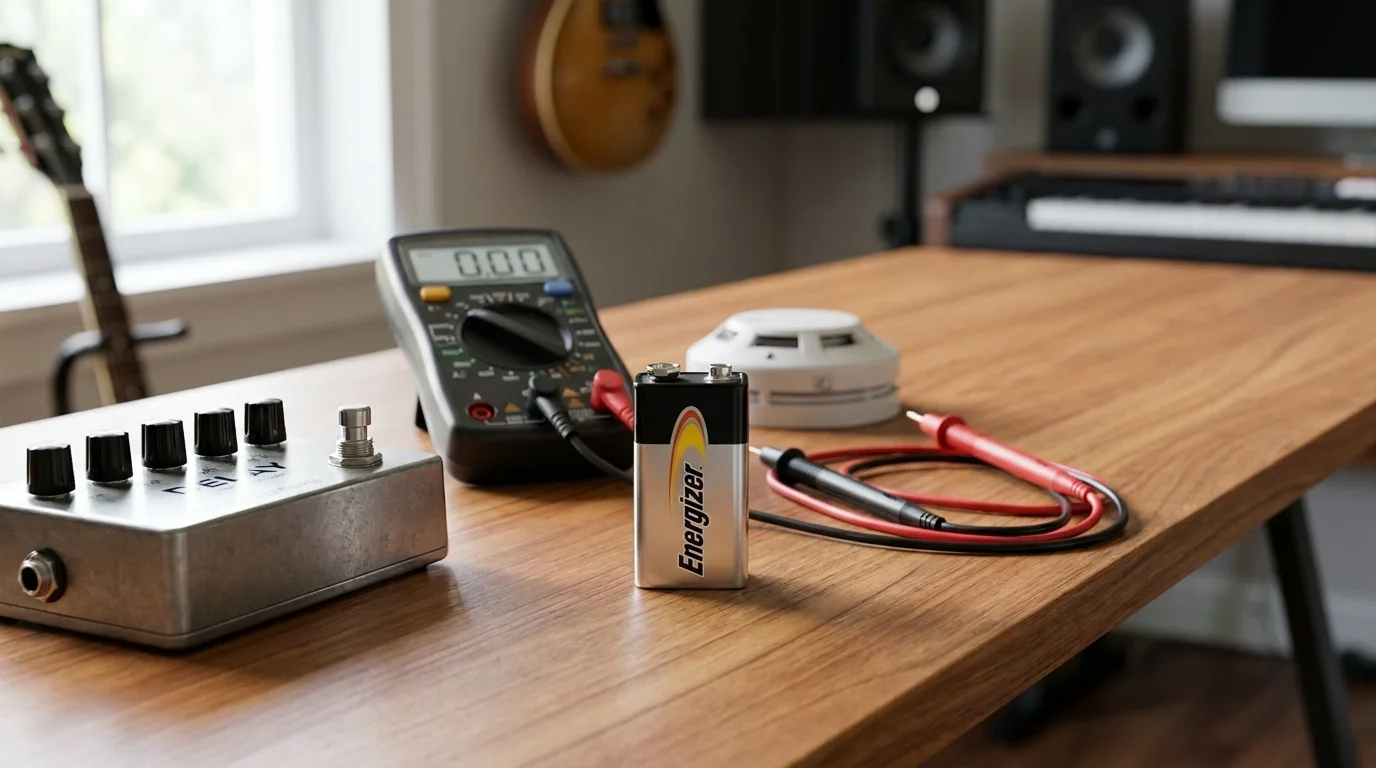 Batéria Energizer 9V na drevenom stole vedľa multimetra, detektora dymu a efektového pedála.