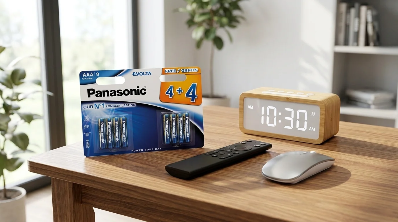 Balení baterií Panasonic Evolta AAA na dřevěném stole vedle digitálního budíku, dálkového ovladače a počítačové myši.