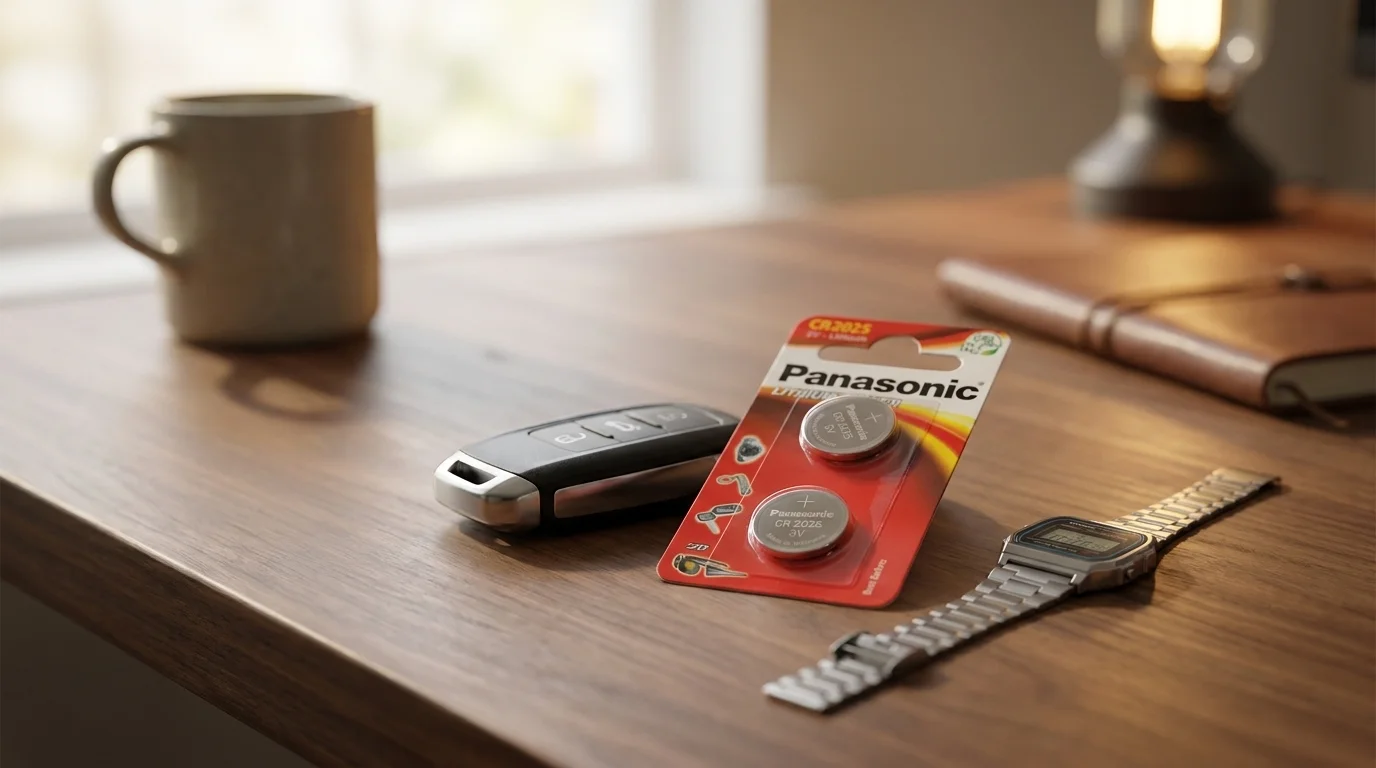 Blistr se dvěma knoflíkovými bateriemi Panasonic CR2025 na dřevěném stole vedle autoklíče a digitálních hodinek.