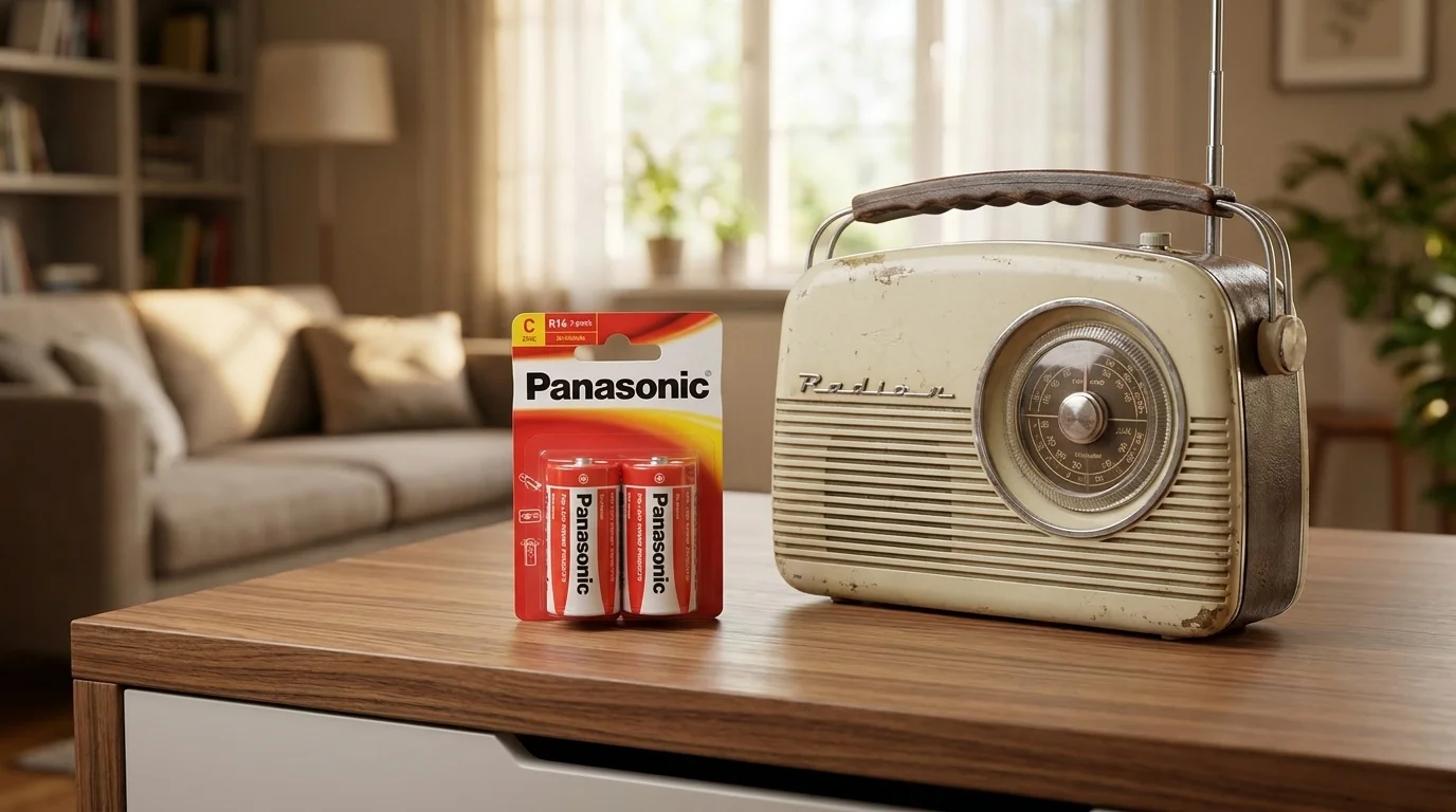Balení dvou baterií Panasonic Red Zinc R14 na dřevěném stolku vedle retro rádia.