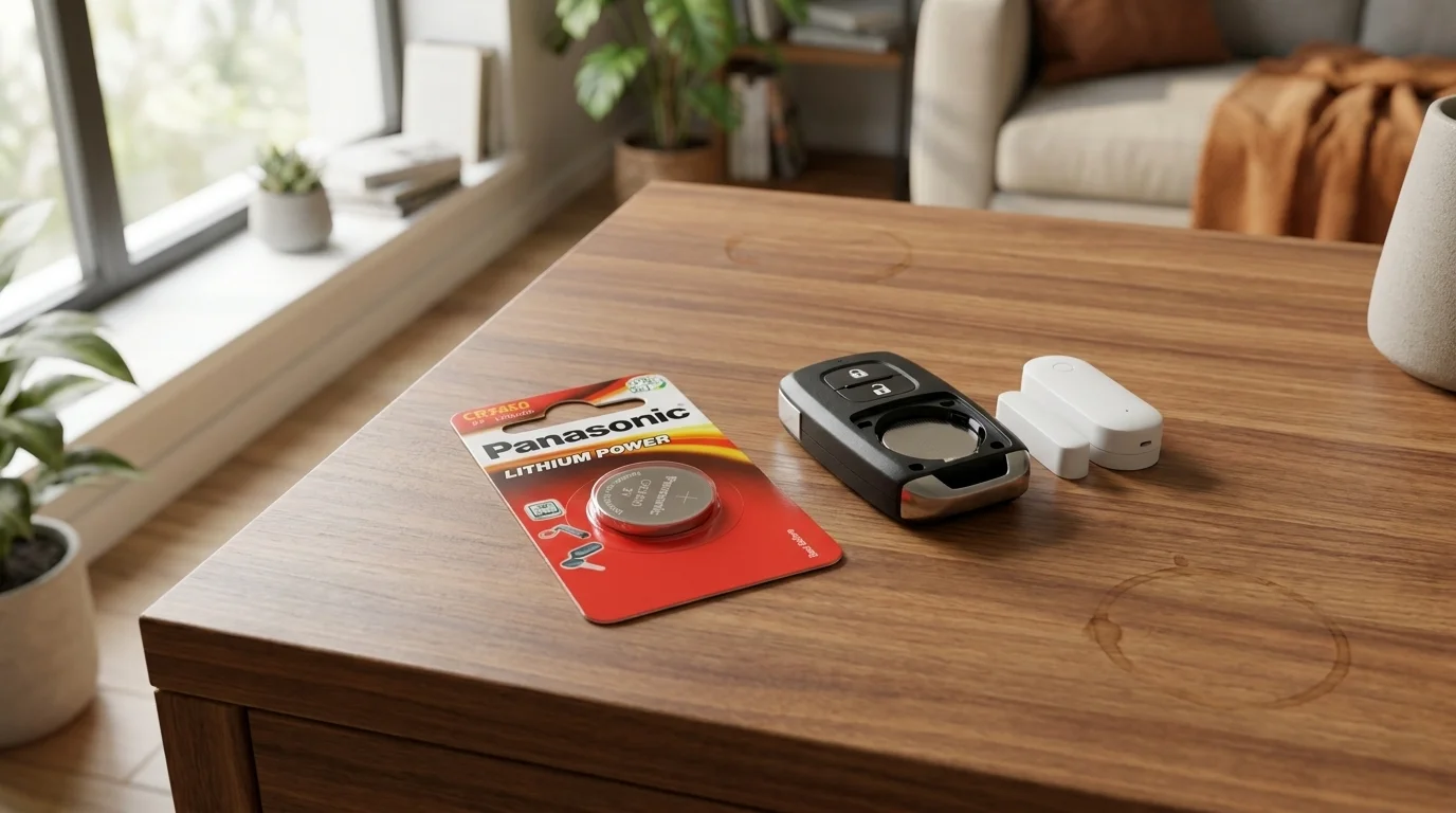 Blistr s knoflíkovou baterií Panasonic CR-2450 leží na dřevěném stolku vedle autoklíče a bílého senzoru.