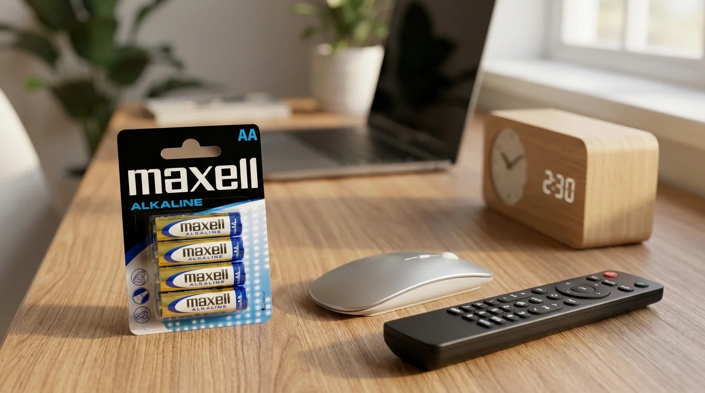 Balení čtyř alkalických baterií Maxell AA na dřevěném stole vedle dálkového ovladače, bezdrátové myši a hodin.