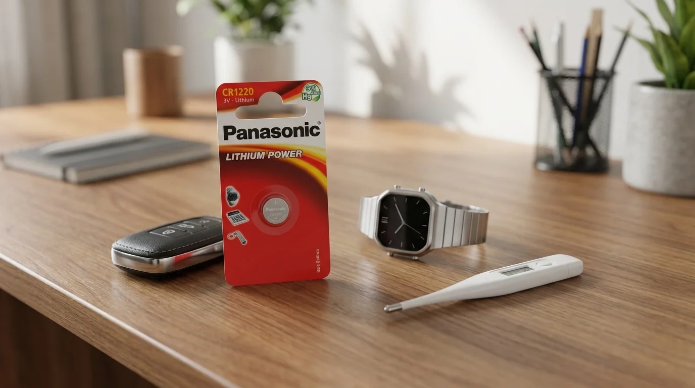 Blistr s knoflíkovou baterií Panasonic CR1220 na stole vedle autoklíče, náramkových hodinek a digitálního teploměru.