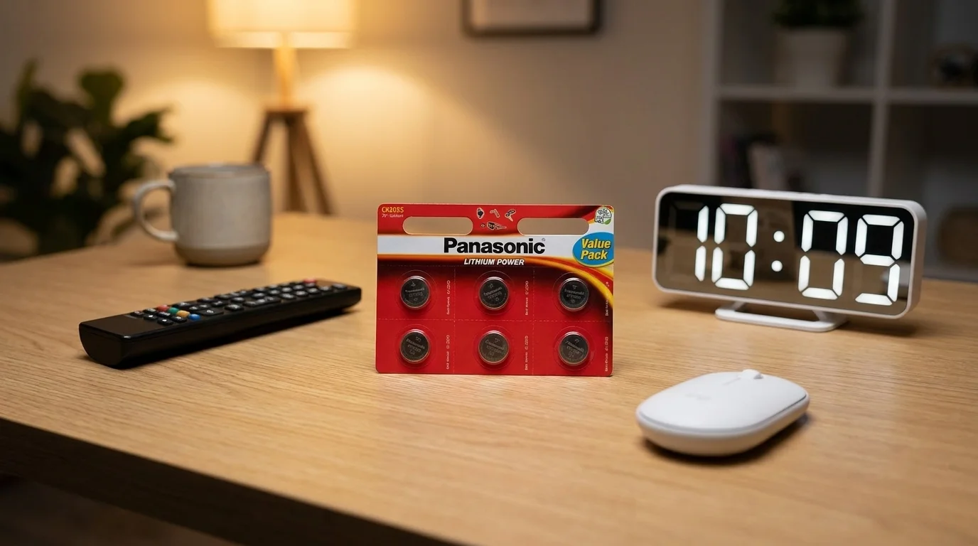 Balení šesti mincových baterií Panasonic CR2025 na dřevěném stole vedle dálkového ovladače, počítačové myši a digitálních hodin.