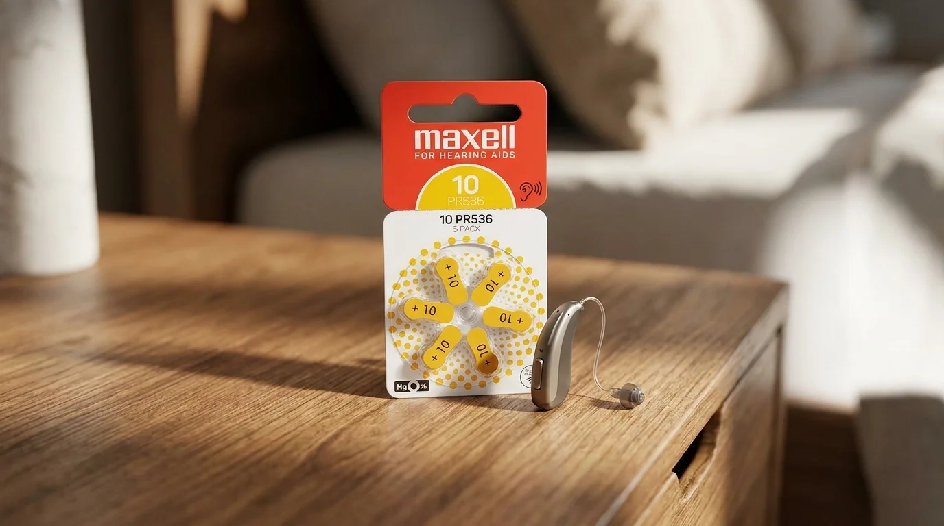 Balenie batérií Maxell AZ10/PR536 v kruhovom dávkovači vedľa načúvadla na drevenom stolíku.