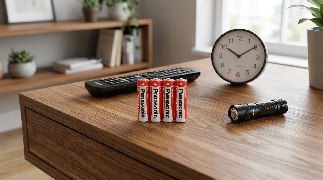 Čtyři baterie Panasonic Red Zinc AA stojí na dřevěném stole vedle dálkového ovladače, svítilny a hodin.