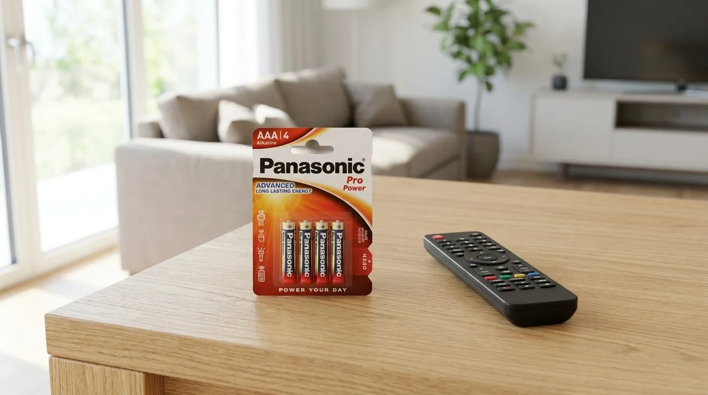 Balení čtyř baterií Panasonic Pro Power AAA a dálkový ovladač na dřevěném stole v obývacím pokoji.