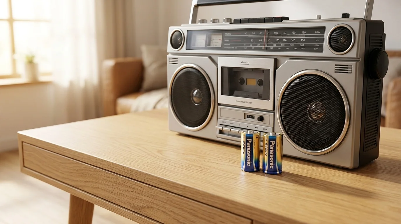Dvě baterie Panasonic Evolta na dřevěném stole před retro radiomagnetofonem.