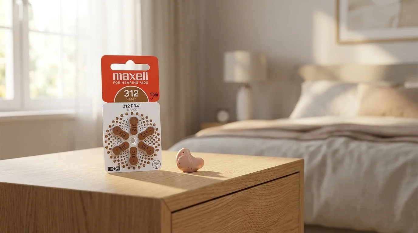 Balenie batérií Maxell 312 a načúvací prístroj položené na drevenom nočnom stolíku v spálni.