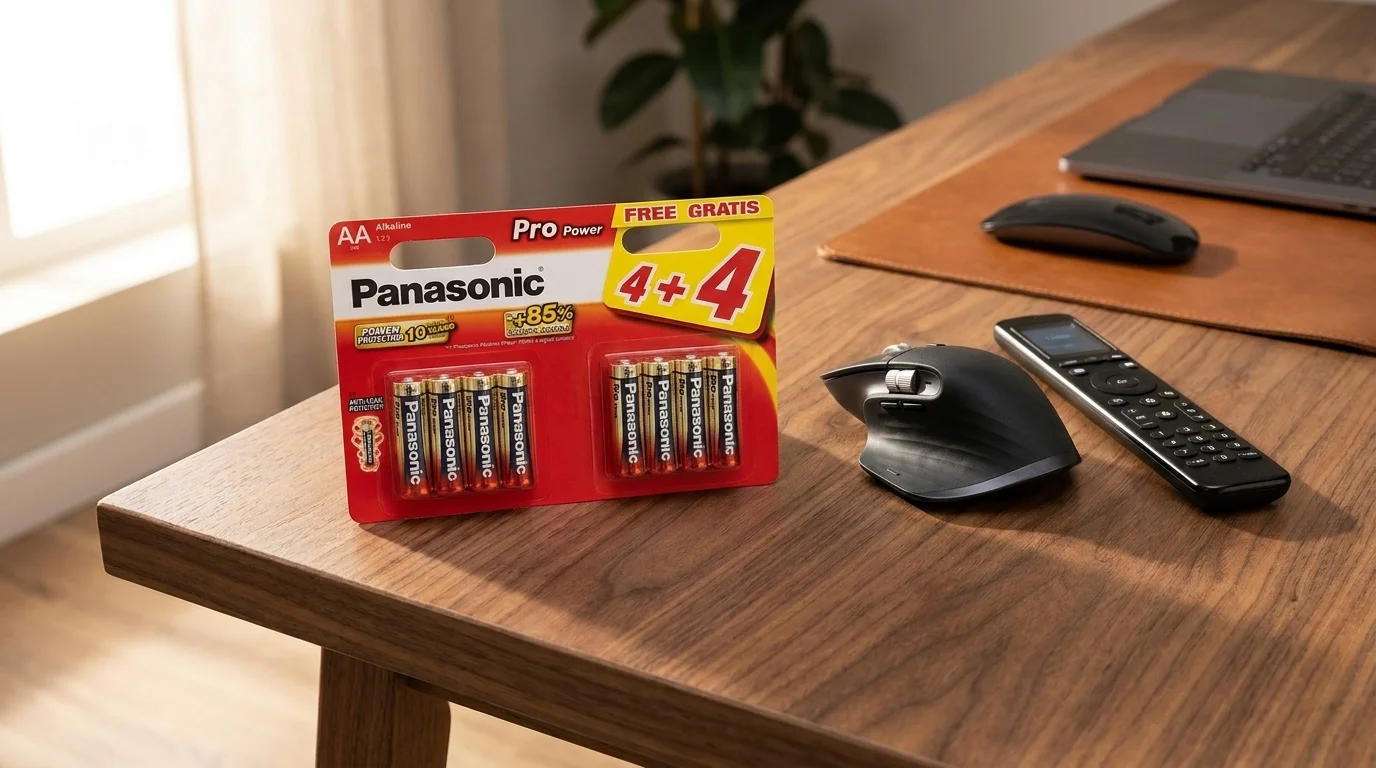 Balení baterií Panasonic Pro Power AA položené na dřevěném stole vedle počítačové myši a dálkového ovladače.