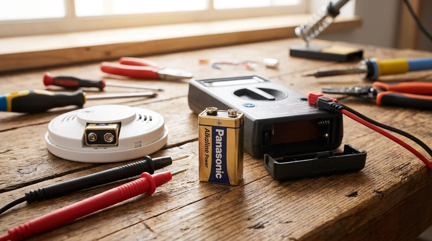 Baterie Panasonic Alkaline Power 9 V na dřevěném stole vedle multimetru a kouřového hlásiče.