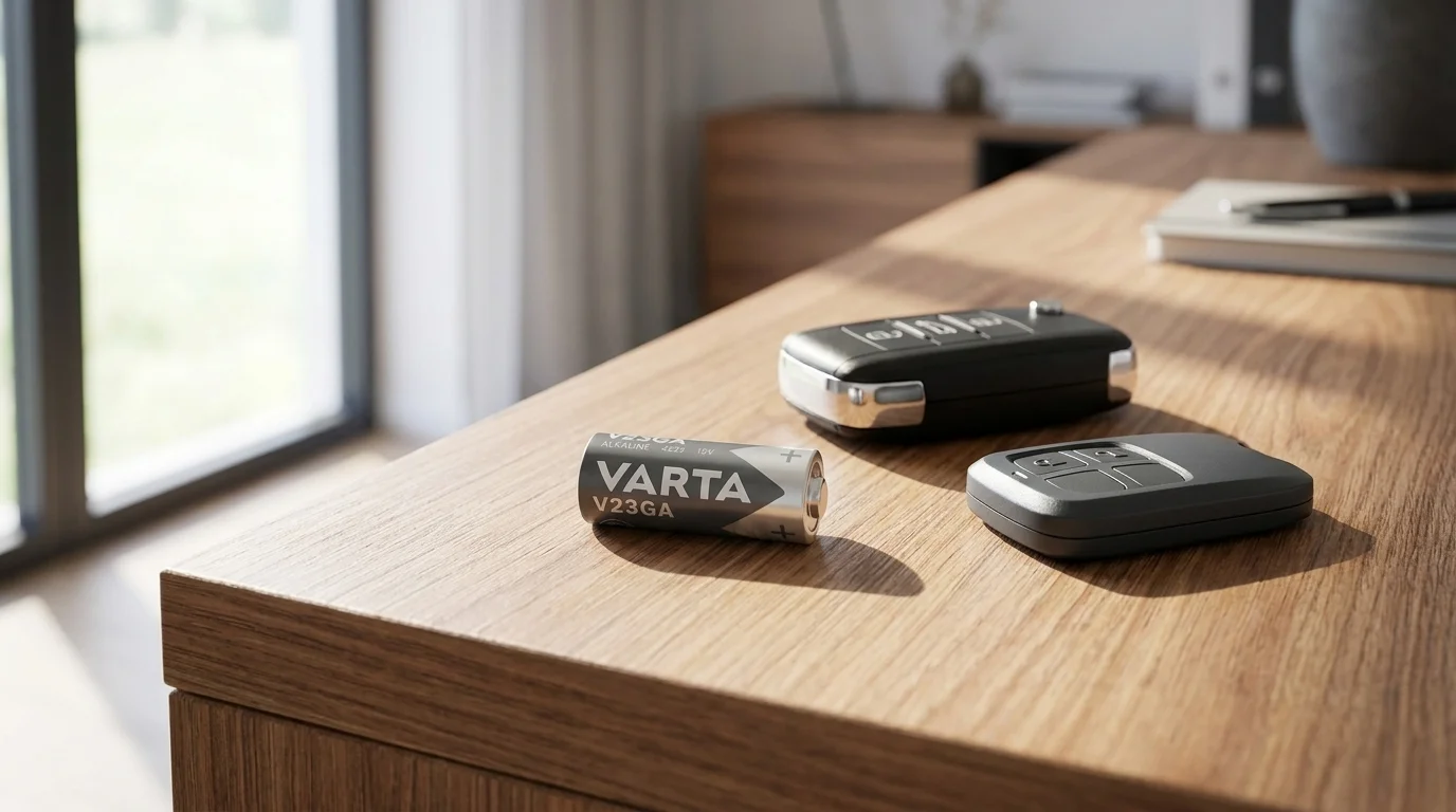 Batéria VARTA V23GA leží na drevenom stole vedľa dvoch diaľkových ovládačov.