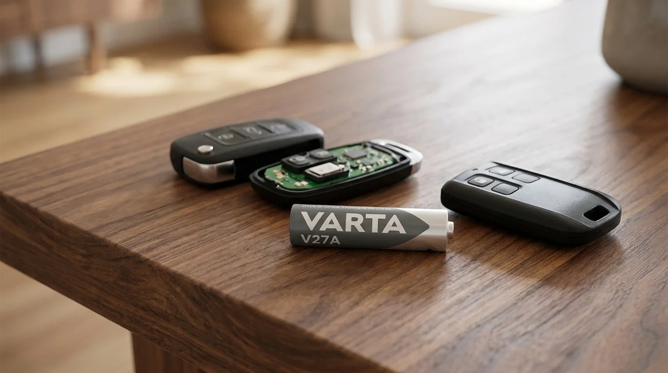 Batéria VARTA V27A na drevenom stole vedľa rozobratého autokľúča a diaľkového ovládača.