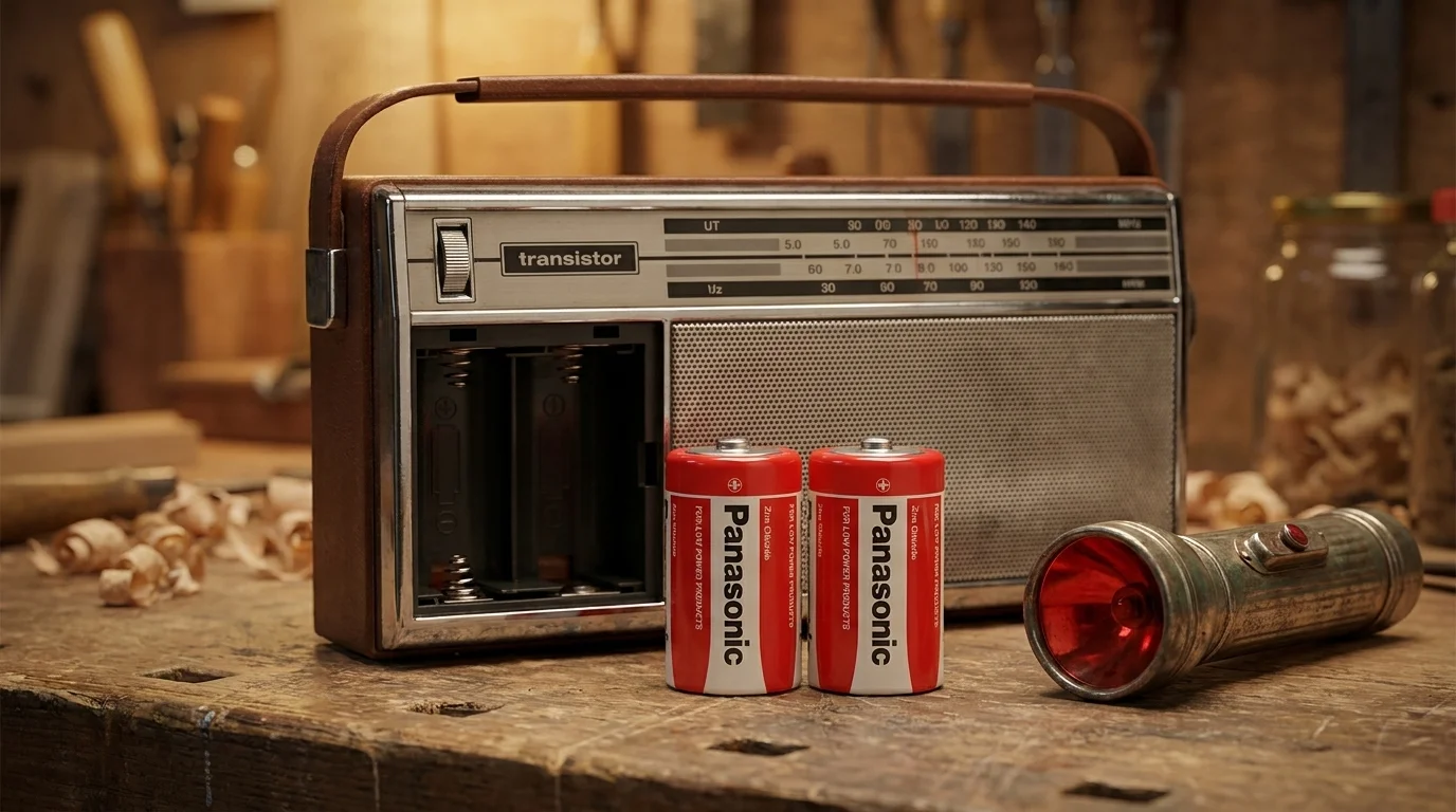 Dvě baterie Panasonic typu D na dřevěném stole vedle svítilny a retro rádia s otevřeným prostorem pro baterie.