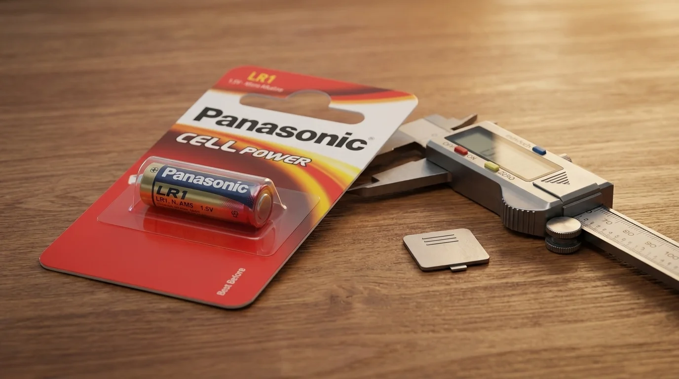 Alkalická baterie Panasonic LR1 v blistru položená na dřevěném stole vedle digitálního posuvného měřítka.