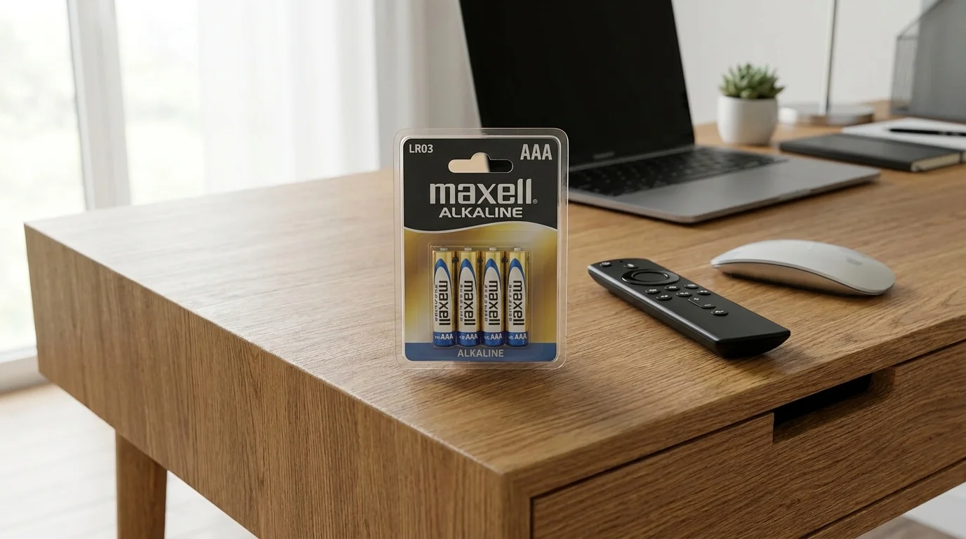 Balenie štyroch alkalických batérií Maxell AAA položené na drevenom stole vedľa diaľkového ovládača a notebooku.