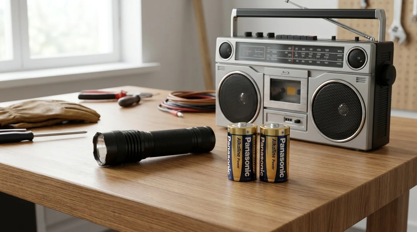 Dvě baterie Panasonic Alkaline Power typu D na dřevěném stole vedle černé svítilny a radiomagnetofonu.