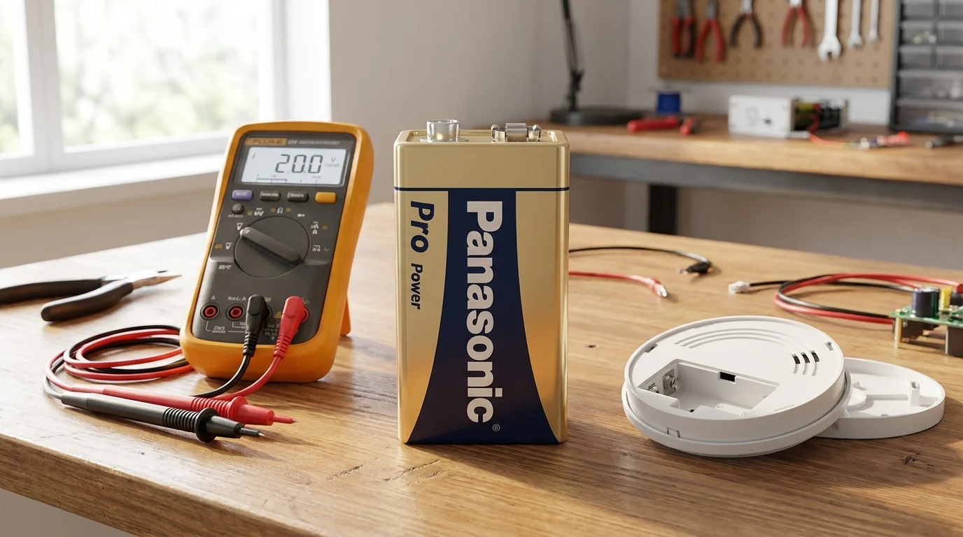 Baterie Panasonic Pro Power 9V na pracovním stole vedle multimetru a otevřeného požárního hlásiče.