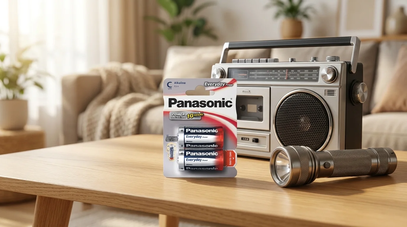 Balení dvou alkalických baterií Panasonic Everyday Power C na dřevěném stole vedle rádia a svítilny.