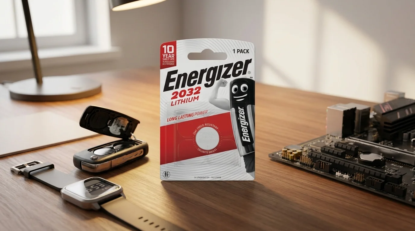 Balenie lítiovej gombíkovej batérie Energizer CR2032 na stole vedľa kľúča od auta, inteligentných hodiniek a základnej dosky.