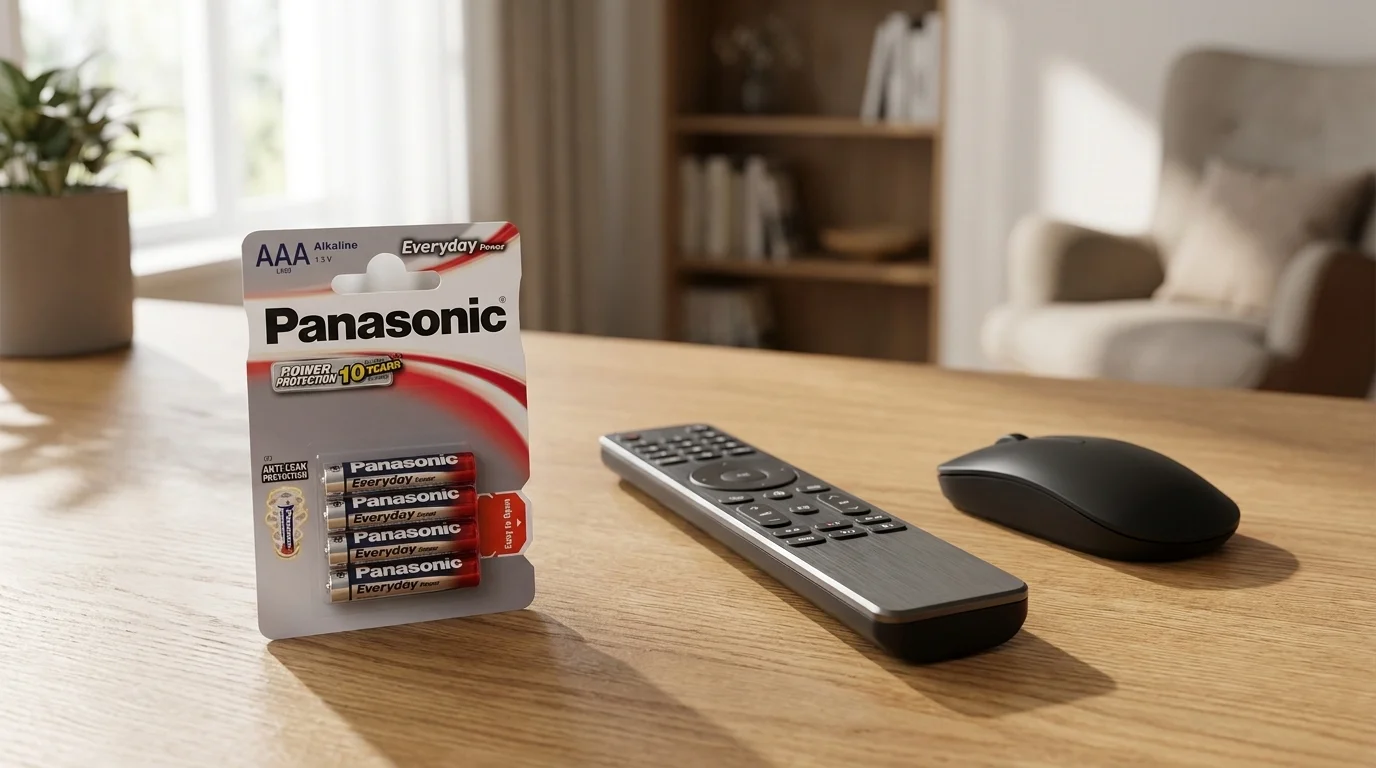 Balení čtyř baterií Panasonic Everyday Power AAA na dřevěném stole vedle dálkového ovladače a počítačové myši.