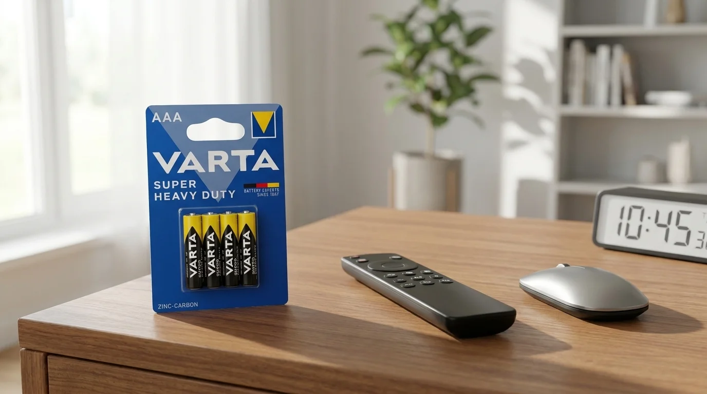 Balení čtyř baterií VARTA AAA na dřevěném stole vedle dálkového ovladače, počítačové myši a digitálních hodin.