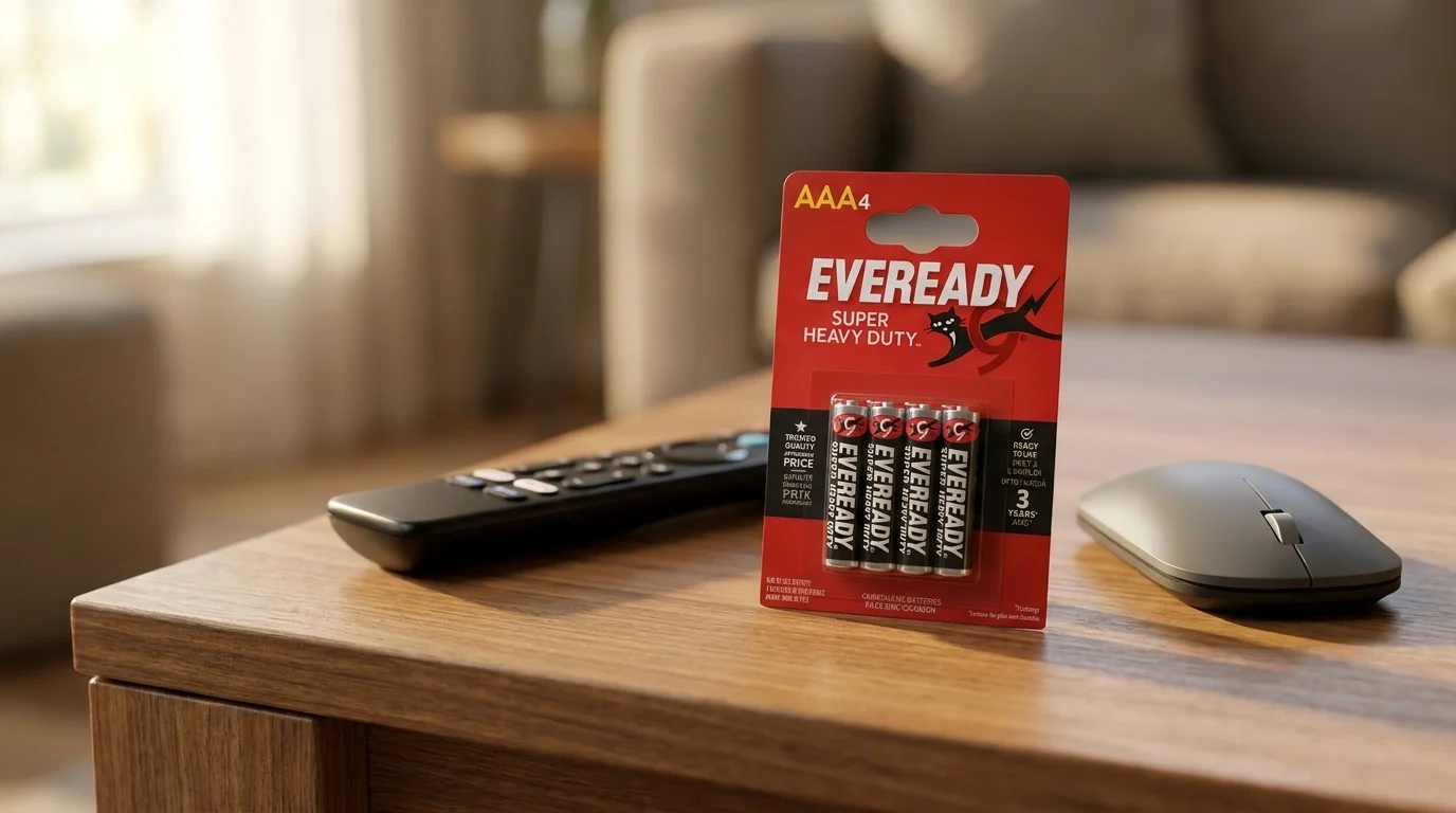Balení čtyř baterií Eveready AAA na dřevěném stole vedle dálkového ovladače a počítačové myši.