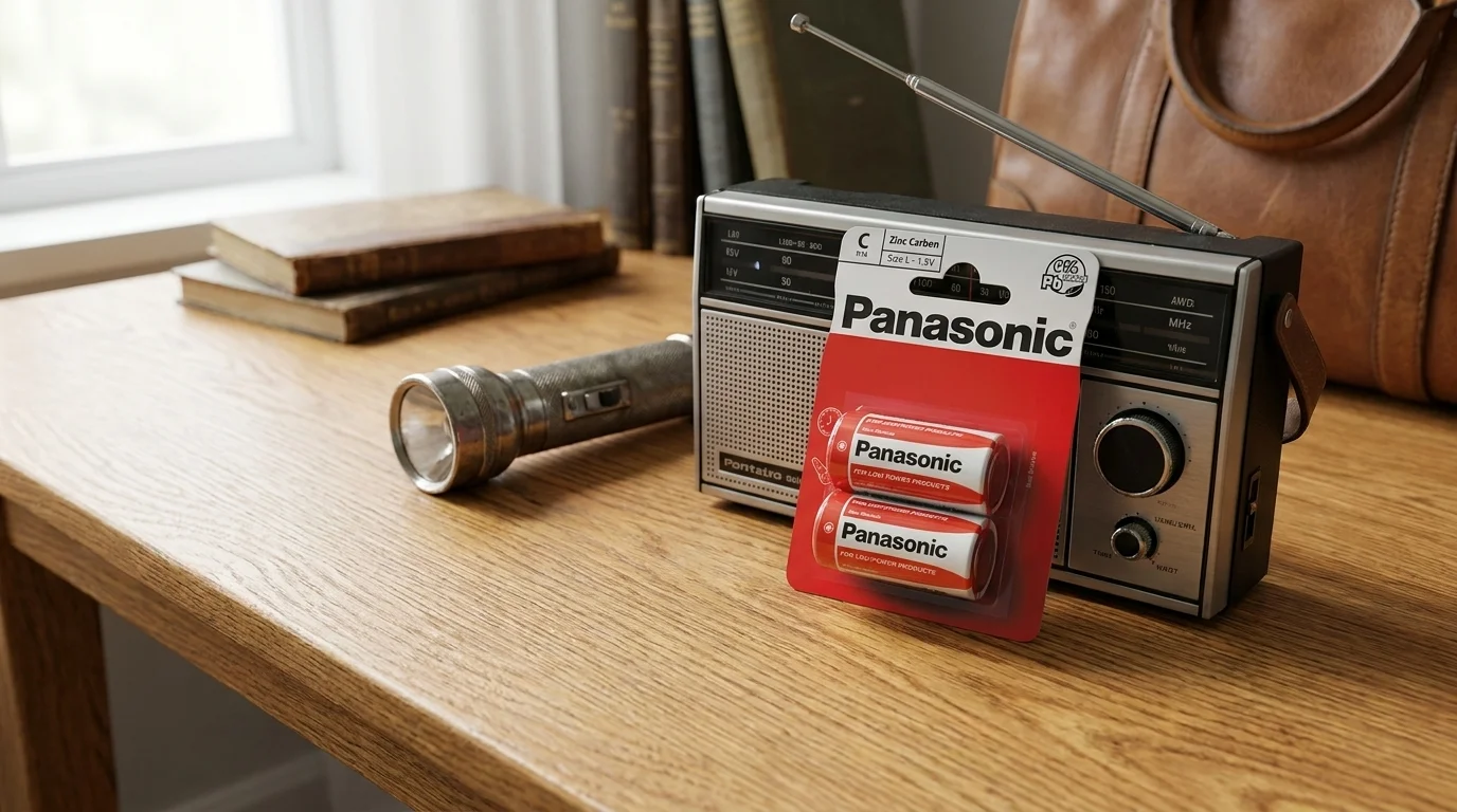 Balení dvou zinkouhlíkových baterií Panasonic typu C opřené o přenosné rádio na dřevěném stole vedle svítilny.