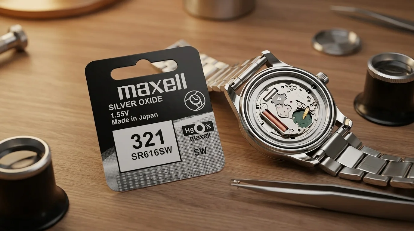 Balenie batérie Maxell 321 SR616SW položené vedľa otvorených náramkových hodiniek a hodinárskeho náradia.