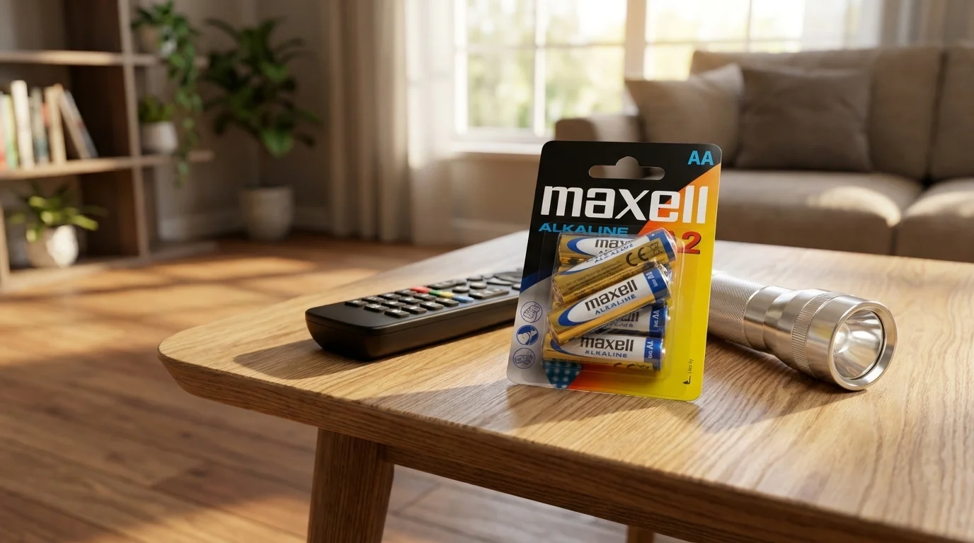 Blistrové balení alkalických baterií Maxell AA na dřevěném stolku vedle dálkového ovladače a svítilny.