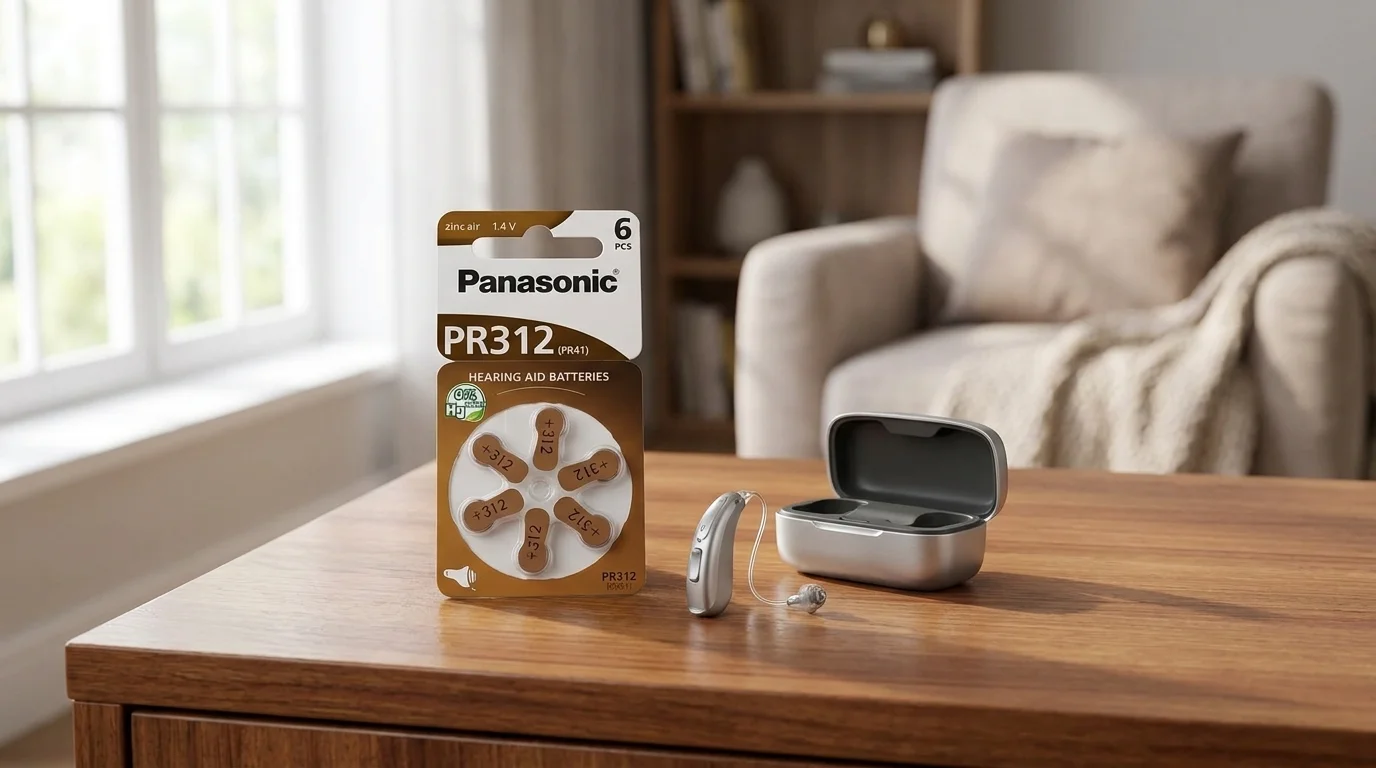 Balení baterií Panasonic PR312 pro naslouchadla na dřevěném stole vedle sluchadla a otevřeného pouzdra.