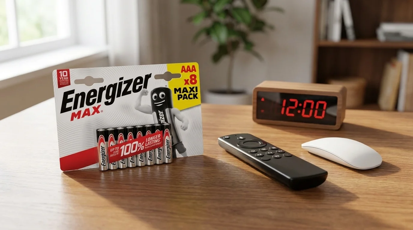 Balení baterií Energizer MAX AAA na dřevěném stole vedle dálkového ovladače, počítačové myši a digitálních hodin.