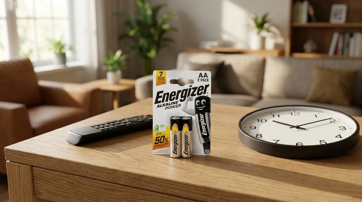 Balenie dvoch batérií Energizer Alkaline Power AA na drevenom stole vedľa diaľkového ovládača a hodín.