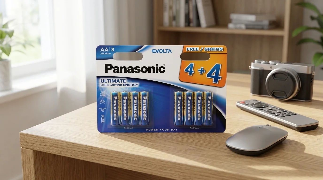 Balení osmi alkalických baterií Panasonic Evolta AA na dřevěném stole vedle počítačové myši, dálkového ovladače a fotoaparátu.