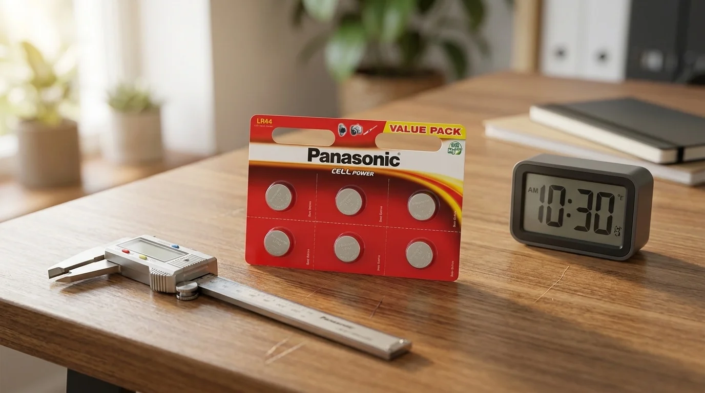 Balení šesti knoflíkových baterií Panasonic LR44 na dřevěném stole vedle digitálního posuvného měřítka a digitálních hodin.