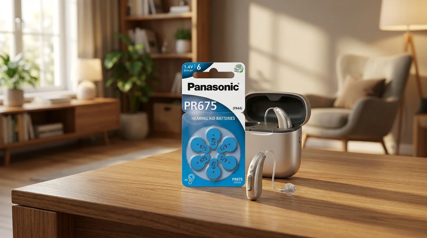 Blistr šesti baterií Panasonic PR675 na dřevěném stole vedle naslouchadla a otevřeného pouzdra.