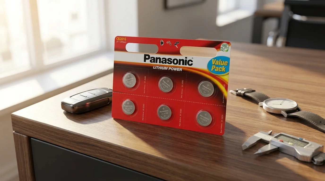 Balení šesti knoflíkových baterií Panasonic CR2016 na dřevěném stole vedle autoklíče, hodinek a posuvného měřítka.