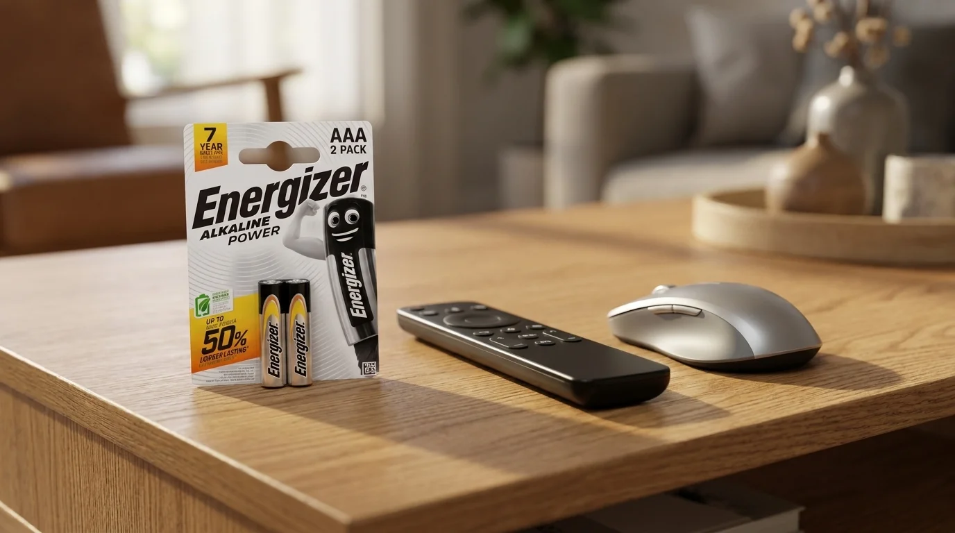 Balenie batérií Energizer Alkaline Power AAA položené na drevenom stole vedľa diaľkového ovládača a počítačovej myši.