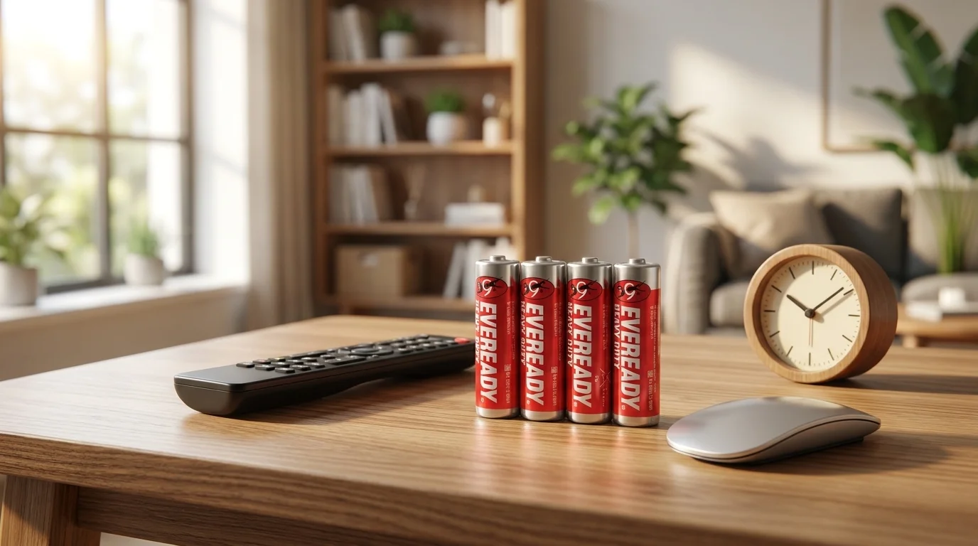 Čtyři červené tužkové baterie Eveready na dřevěném stole vedle dálkového ovladače, stolních hodin a počítačové myši.