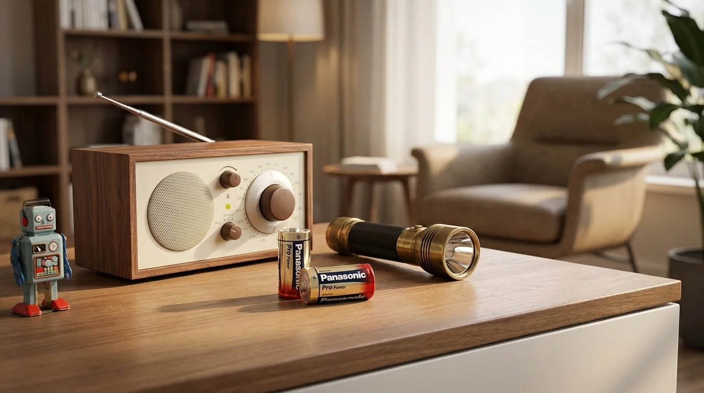 Dvě baterie Panasonic Pro Power na dřevěném stole vedle retro rádia, svítilny a figurky robota.